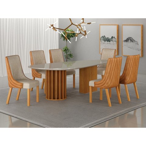 Conjunto Jantar 6 Cadeiras Maciça 2x1 Pilar Vd- Arbo Design Cinamomo Off White Linho Bege