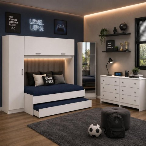 Quarto Infantil Modulado Bicama com Guarda-Roupa/Cômoda/Sapateira/Espelhos Pulse Multimóveis