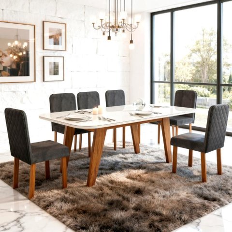 Sala de Jantar 180x90 Mavie Vidro Off Cad. Ayla Vel. Chumbo