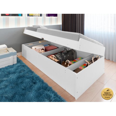Cama Solteiro com Bau Interno Embutido Pratica Reforçada Camila Mdf/mpd Framar Branca