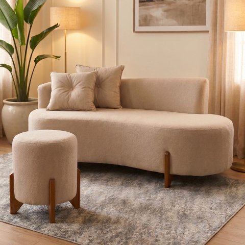 Conjunto Sofá Curvo Orgânico + 01 Puff Luna Boucle Bege - Montanaris Decor