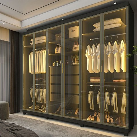 Guarda-Roupa Casal Valenza 6 Portas 100% MDF com LED e Vidro Grafite - Pnr Móveis