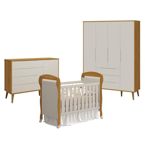 Quarto de Bebê 4 Portas com Cômoda com Porta Elfe Retrô e Berço Americano Danny Areia Savana Acetina