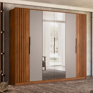 Guarda Roupa Casal 6 Portas com Ripado e com Espelho 6 Gavetas Atrice - Nogueira/nude Prime Tx