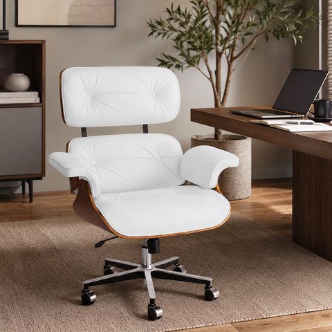 Poltrona Charles Eames Office Couro Natural Linha Premium Design Clássico Escritório Sala - Branco