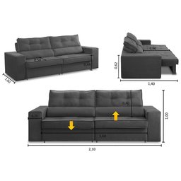Sofá Retrátil e Reclinável 3 Lugares 2,10m com Molas Milena Suede Cinza Rover & Beato - 2