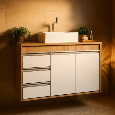 Gabinete de Banheiro com Pia e Gavetas Pérola 80cm Montado Fimap Freijó Branco
