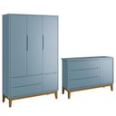 Ver imagem 1 de Jogo de Quarto Infantil Guarda Roupa 3 Portas e Cômoda 1 Porta Classic Azul Fosco com Pés Amadeirado