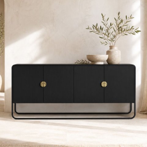 Aparador Buffet para Sala de Jantar 4 Portas Industrial 180cm Alek A03 Nero Preto - Lyam Decor