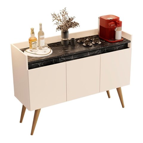 Aparador Buffet Gold Marmorizado 3 Portas Pés Madeira Maciça Off White/marmore Preto