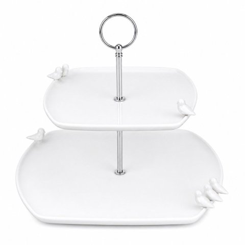 Porta Doces de Porcelana Birds 2 Andares Branco 18/27 x 25 cm Wolff