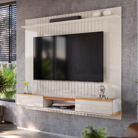 Painel Atlas para Tv até 70 Polegadas com 2 Gavetas 1 Prateleira Off White/jequitibá - Lukaliam
