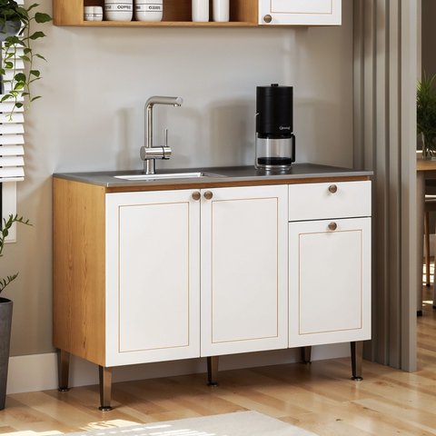 Balcão Gabinete de Pia para Cozinha 100% MDF Modelo Americano Essência Frise Branco/Cinamomo Fosco