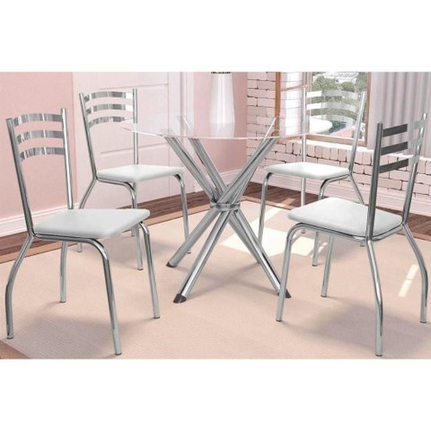 Sala de Jantar Completa Volga C/ Tampo de Vidro 95cm e 4 Cadeiras Portugal Cromada - Branco -