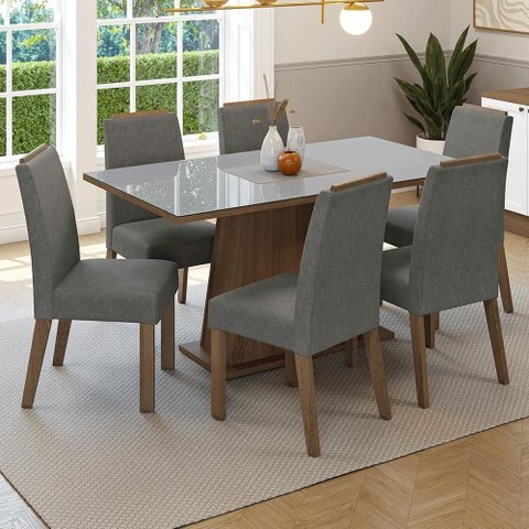 Conjunto Sala de Jantar Tampo de Vidro 6 Cadeiras Rustic/Cinza/Silver Tulipa Madesa