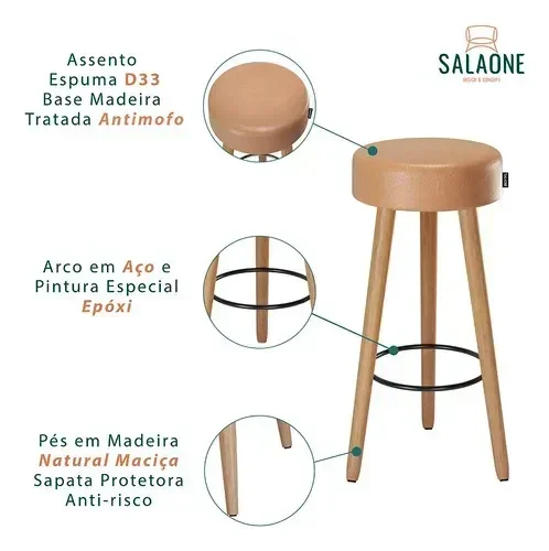 Ver imagem 5 de Kit 2 Banquetas Alta Londres Banco 70cm para Balcão Bar Cozinha Gourmet- Salaone:amarula