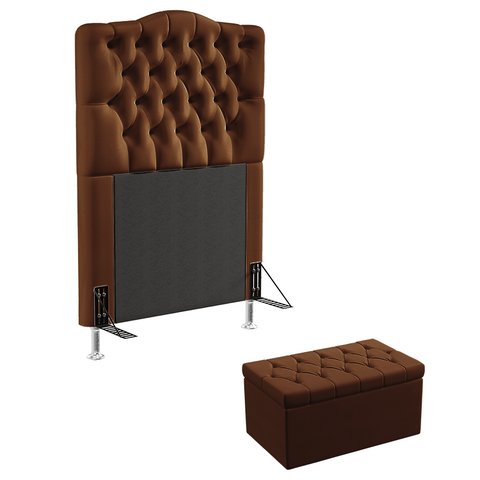 Kit Cabeceira Estofada Decorativa Pollux e Calçadeira Sagitarius 90 Solteiro Couro Artificial Marrom