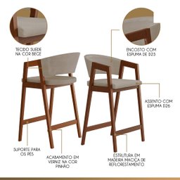 Kit 4 Banquetas Alta para Ilha de Cozinha Ravena Madeira Maciça Pinhão Suede Bege Ccs - 4