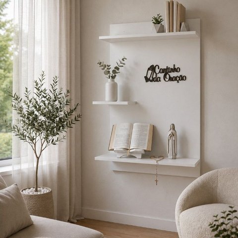 Prateleira Cantinho de Oração Branca 90x60cm + Placa 3D Nicho de Parede Bíblia Terço -  Branco