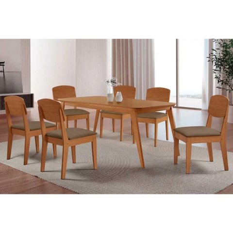 Conjunto: Mesa Sala Jantar Havana Curvo 180cm + 6 Cadeiras Havana Naturale - Suede Capuccino -