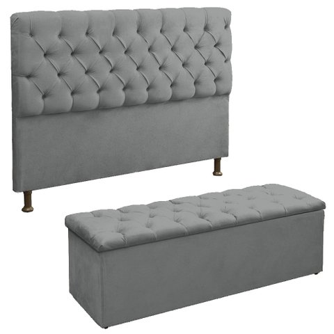 Cabeceira e Recamier Baú Lana para Cama Box Casal King 195 Cm - Suede - Sv Decor:cinza Claro