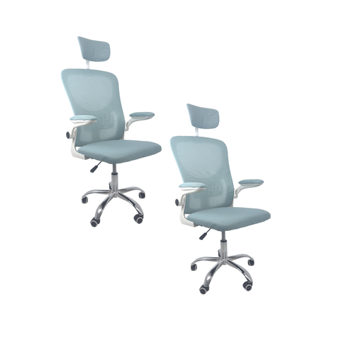 Cadeira Diretor Vegas Ergonômica Tela Mesh Apoio Lombar Apoio de Cabeça Braços Retráteis Base Cromada Giratória Suporta 120kg Azul e Branco