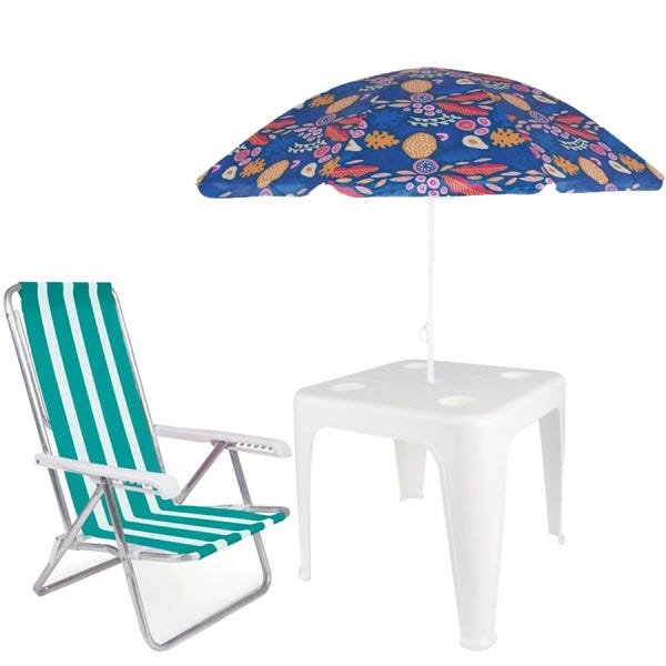 Kit Guarda-Sol Azul Corais + Mesa Apoio + Cadeira Praia - 1