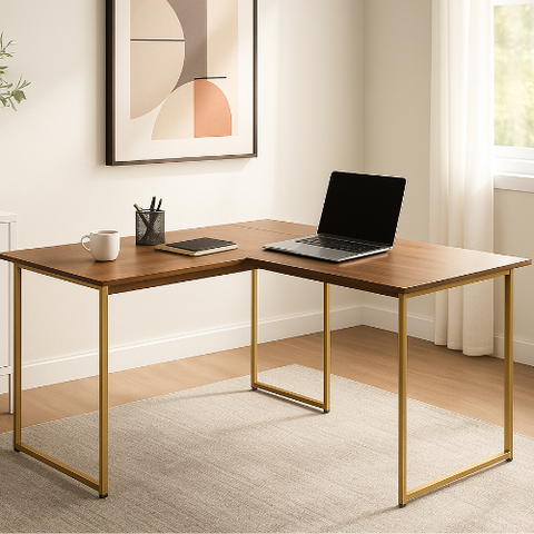 Mesa de Escritório em L Max Industrial com Pés de Ferro 120x90cm - Freijó/dourado