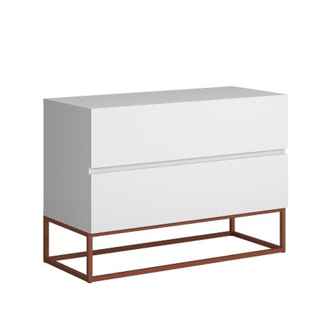Mesa Cabeceira Moderna Eros 60cm 2 Gavetas Estilo Industrial Branco Acabamento Fosco Pés Aço Cobre