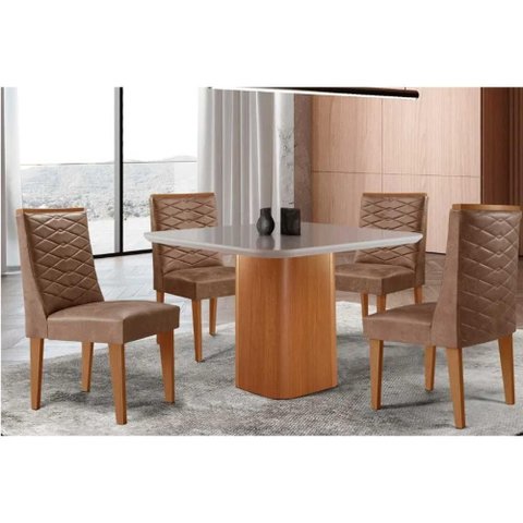 Conjunto: Mesa Sala Jantar Maldivas C/ Tampo Madeirado C/ Vidro Canto Curvo 90x90cm e 4 Cadeiras