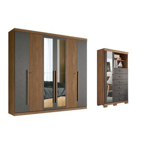 Quarto Completo QC363 7 Portas 10 Gavetas MDP e MDF 231,6cm Jatobá Grafite Santos Andirá