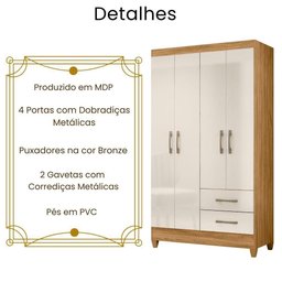 Guarda Roupa Solteiro Chile 4 Portas Freijó Off White Moval - 3