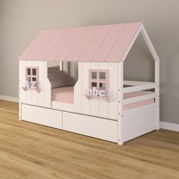 Cama Casinha Encantada com 02 Gavetas Madeira Maciça Branco/ Rosa Housin - 1