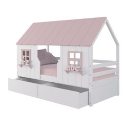 Cama Casinha Encantada com 02 Gavetas Madeira Maciça Branco/ Rosa Housin - 2