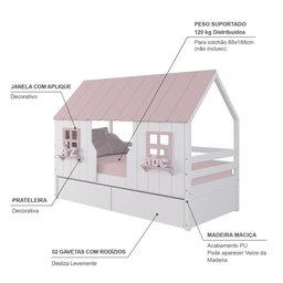 Cama Casinha Encantada com 02 Gavetas Madeira Maciça Branco/ Rosa Housin - 4