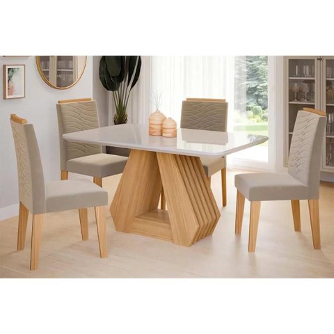 Conjunto: Mesa Sala Jantar Ágata Tampo Madeirado C/ Vidro 130x80cm e 4 Cadeiras Clarice Madeirado/
