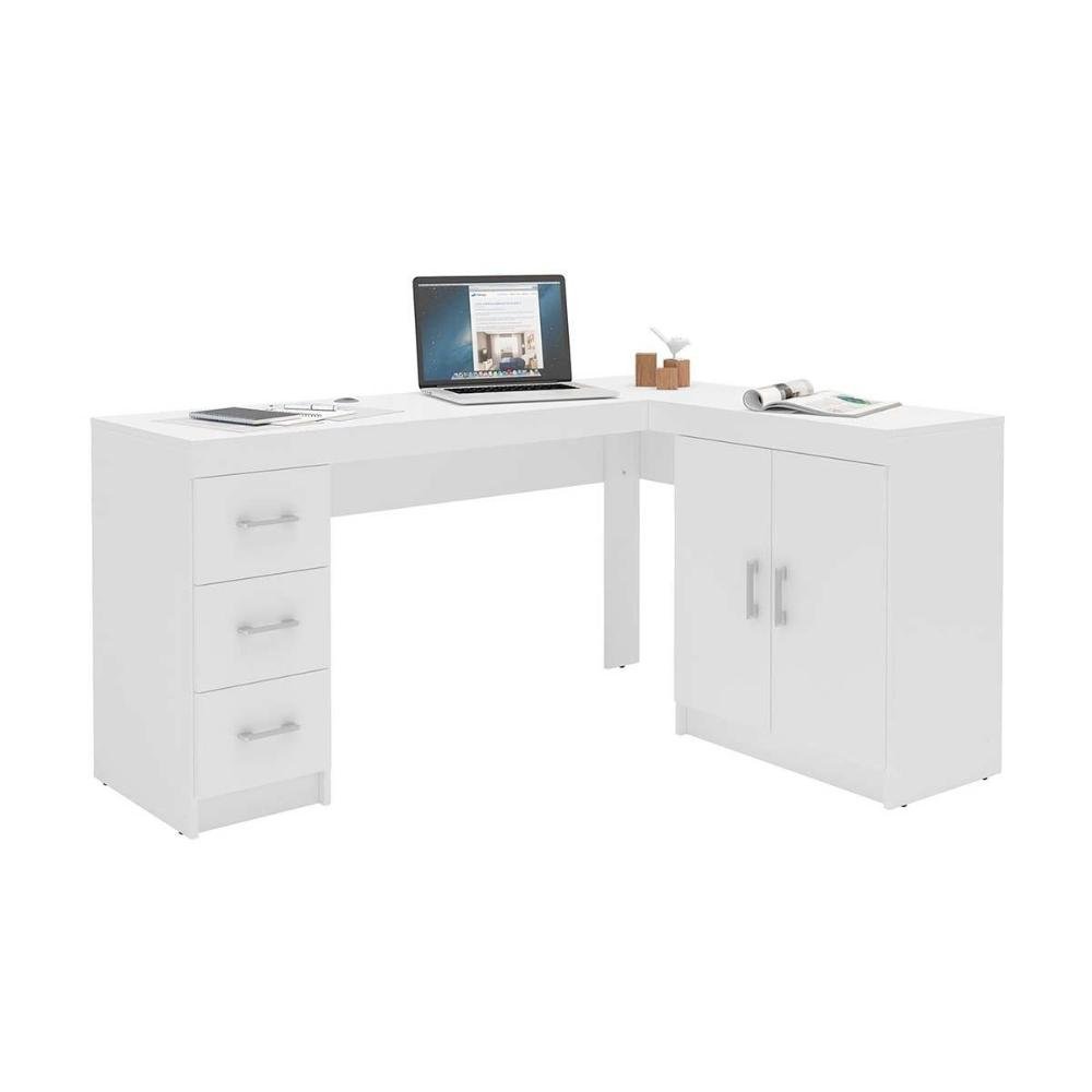 Mesa Canto P/escritório Canto Espanha C/ 2 Portas e 3 Gavetas Branco - Politorno