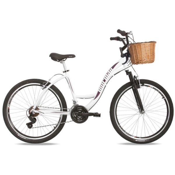 Bicicleta Passeio Aro 26 Alumínio 21V Suspensão Sunset Mormaii Cestinha de Vime - Branco e Violeta - 1