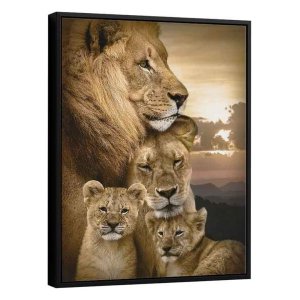Quadro Família De Leões Colorido 100x76cm Com Moldura