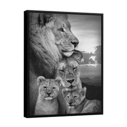 Quadro Família De Leões Preto E Branco 122x92cm Com Moldura - 1