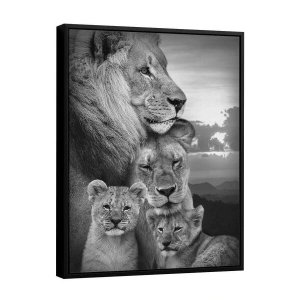 Quadro Família De Leões Preto E Branco 122x92cm Com Moldura
