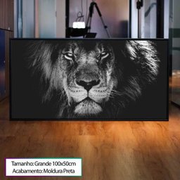 Quadro O Olhar Do Leão Preto E Branco 100x50 Cm | Moldura Preta - 4