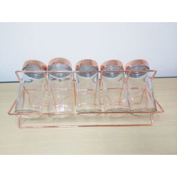 Porta Temperos Especiarias Condimentos Com 5 Frascos Vidro e Suporte Rose Gold - 5