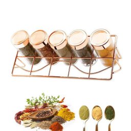 Porta Temperos Especiarias Condimentos Com 5 Frascos Vidro e Suporte Rose Gold - 1