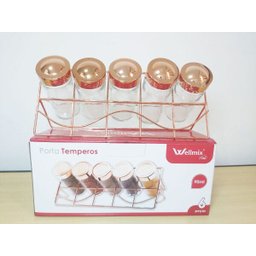 Porta Temperos Especiarias Condimentos Com 5 Frascos Vidro e Suporte Rose Gold - 6