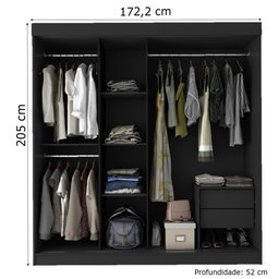 Guarda Roupas Casal com Espelho 3 Portas de Correr 2 Gavetas França Preto - 4