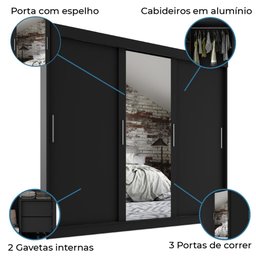 Guarda Roupas Casal com Espelho 3 Portas de Correr 2 Gavetas França Preto - 10