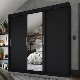 Guarda Roupas Casal com Espelho 3 Portas de Correr 2 Gavetas França Preto - 8