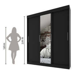 Guarda Roupas Casal com Espelho 3 Portas de Correr 2 Gavetas França Preto - 6