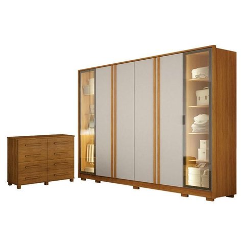 Guarda Roupa Casal Prime 6 Portas com Led Off White com Cômoda San Marino 8 Gavetas Cinamomo –